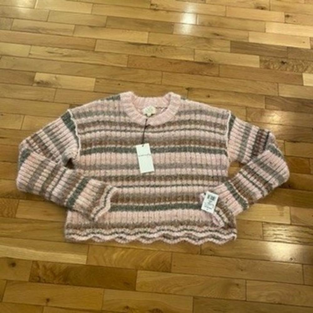 Thread & Supply Pink Striped Eyelash Knit Scalloped Hem Sweater Small NEW